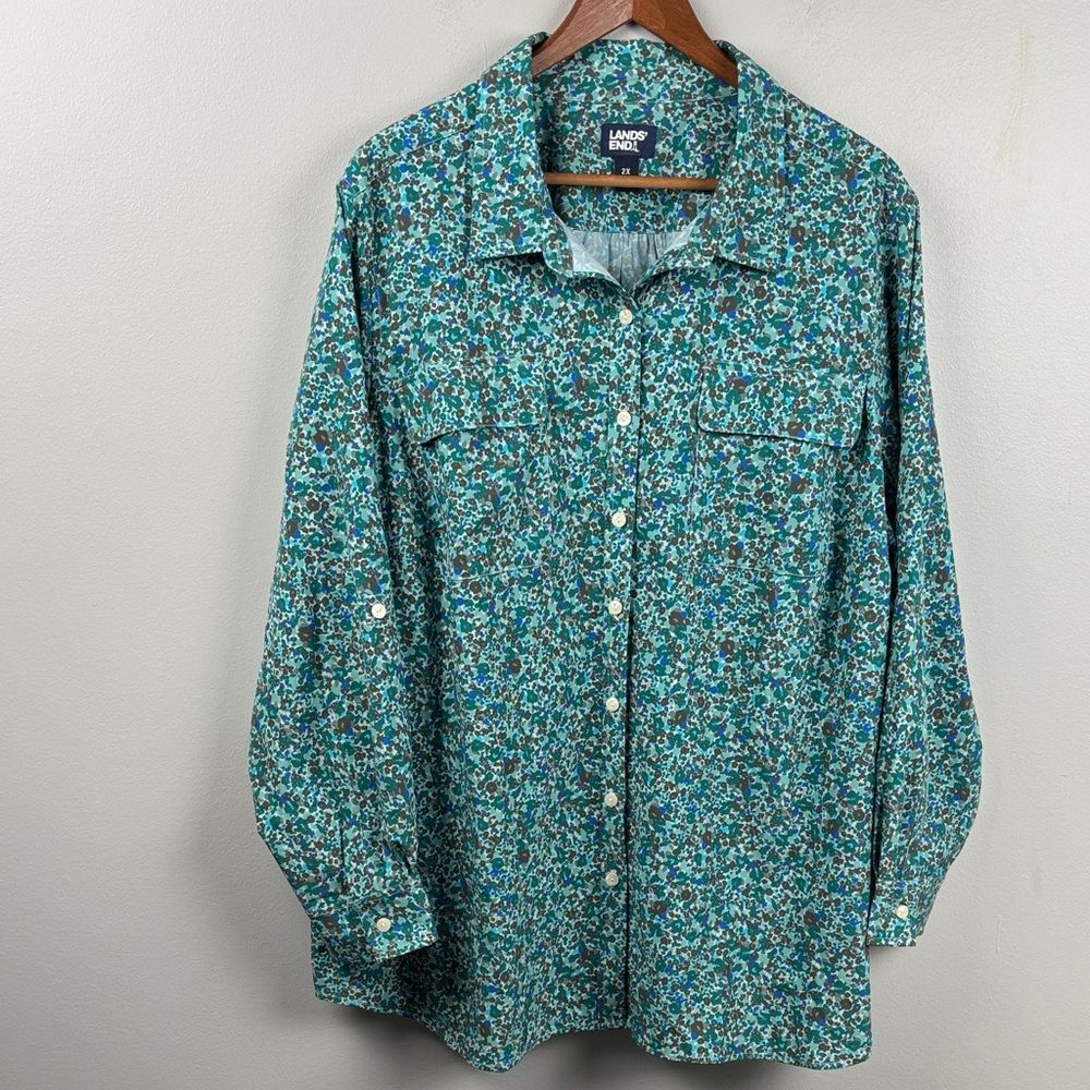 Lands' End Teal Floral Long Sleeve Shirt 2X zip pocket lightweight stretch